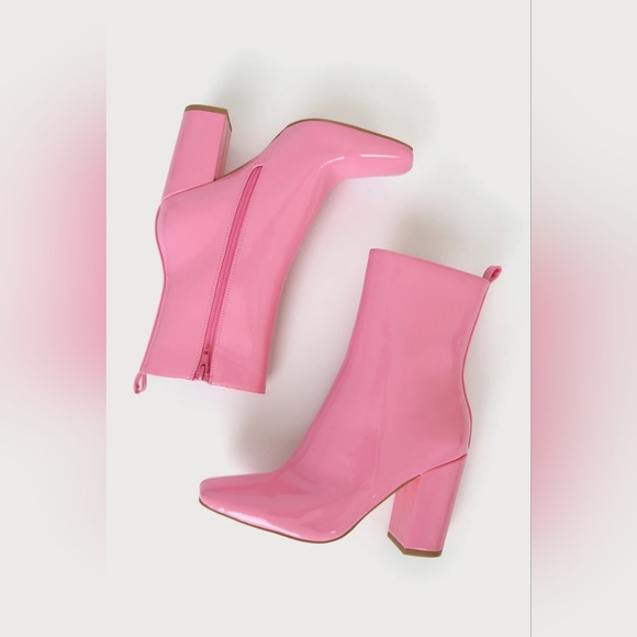 Lulu's Shoes Lulus Bekka Pink Patent Square Toe Midcalf Boots